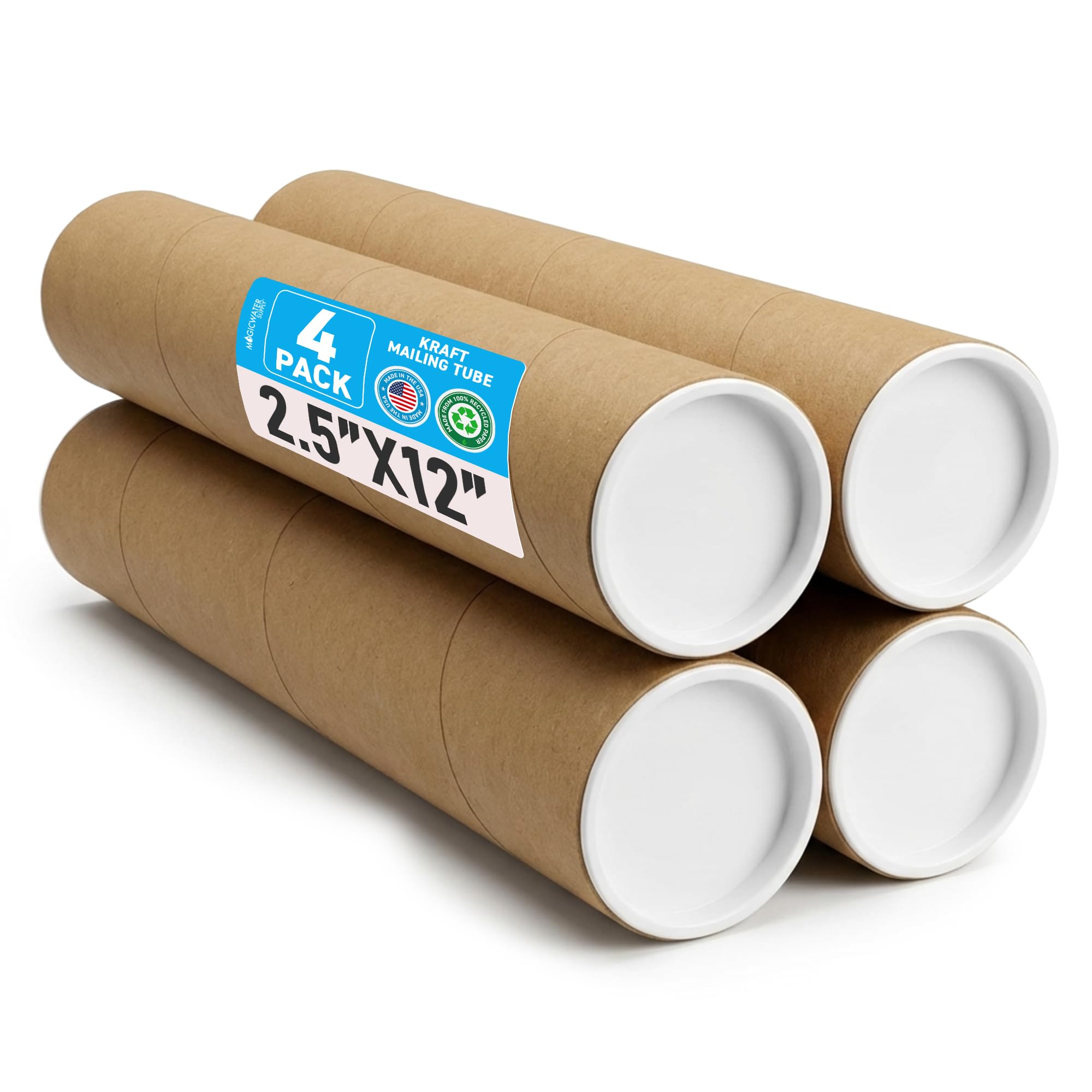 MagicWater Supply Mailing Tube - 2.5 in x 12 in - Kraft - 4 Pack - for Shipping and Storage of Posters, Arts, Crafts, and Documents