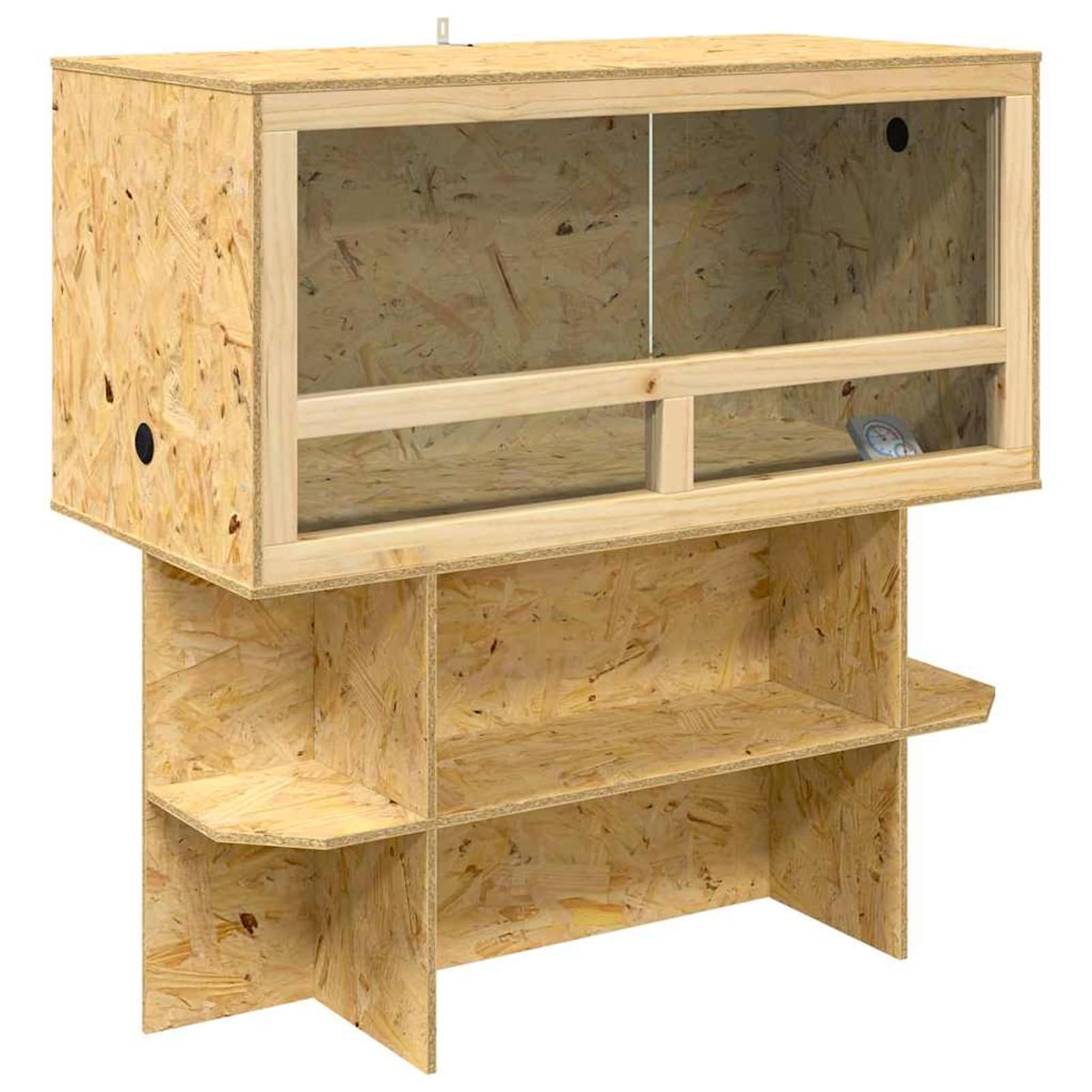 Terrario OSB Rustico per Rettili Roditori 100x50x100 cm Vetro Porta Scorrevole Scaffali Flottanti con Termometro e Base