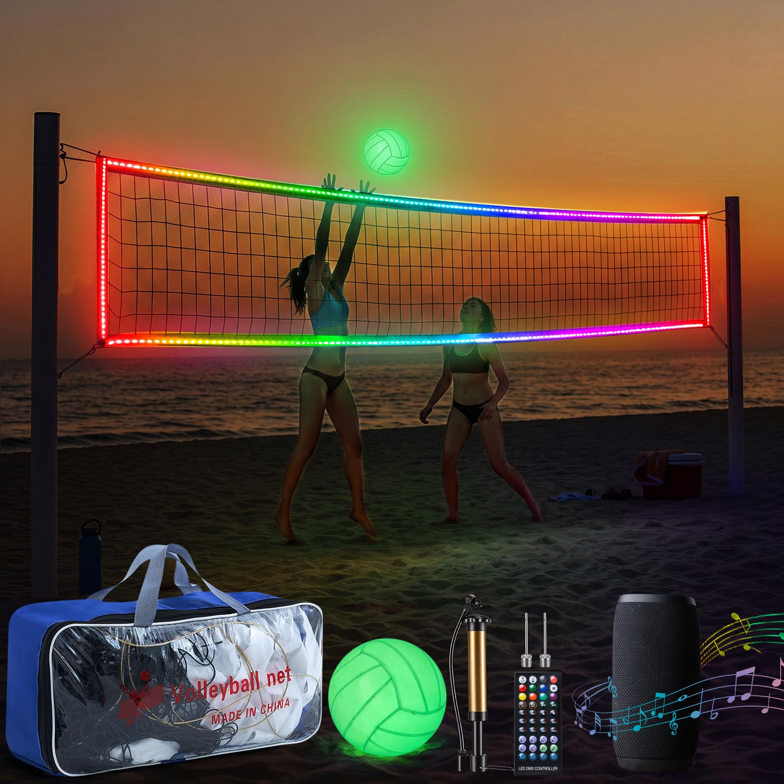 LED Professional Volleyball Net and Glow in The Dark Volleyball Set