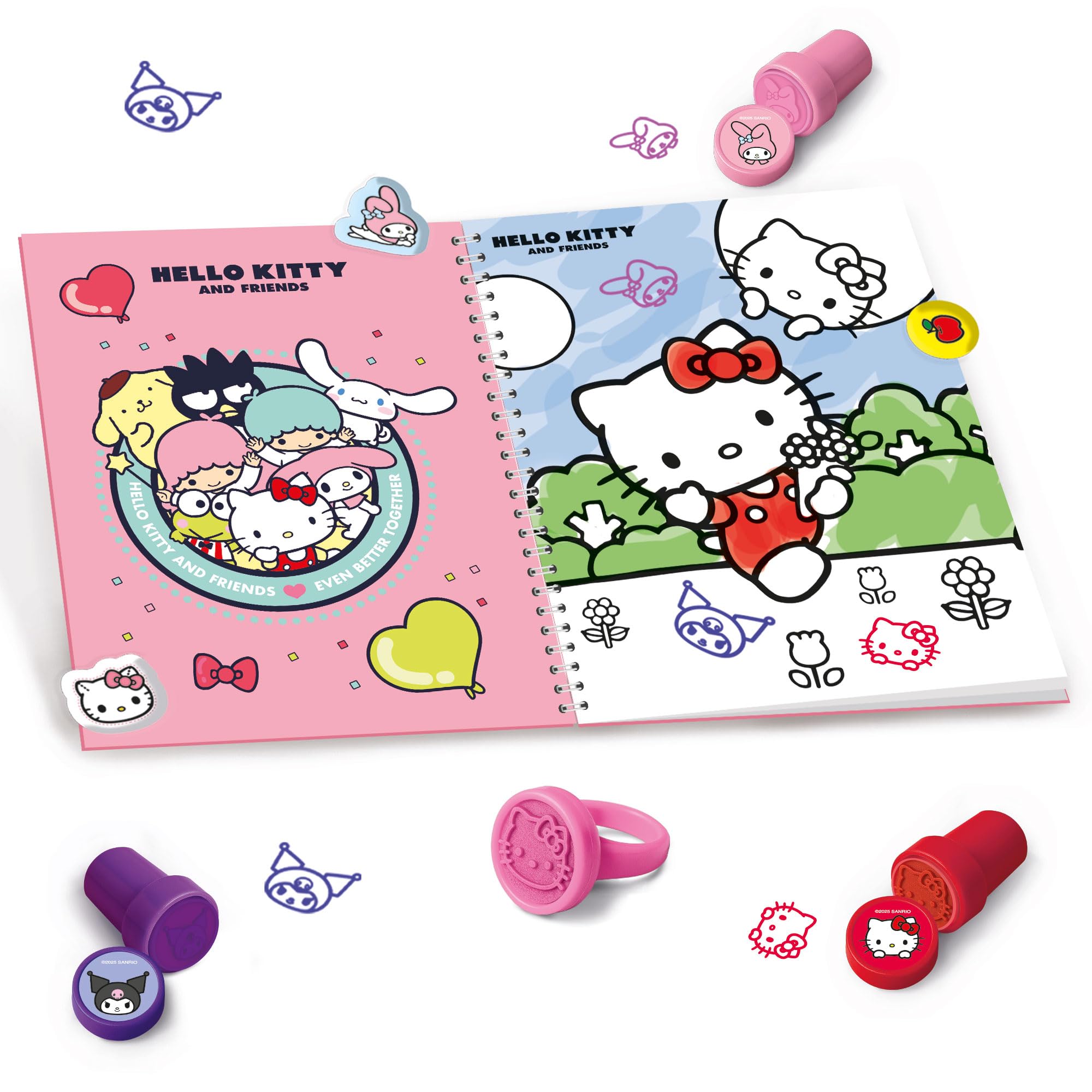 Lisciani, HELLO KITTY AND FRIENDS, Sticker And Stamp Coloring Book For Kids Ages 5+, 16 Pages With 3 Stamps - Image 2