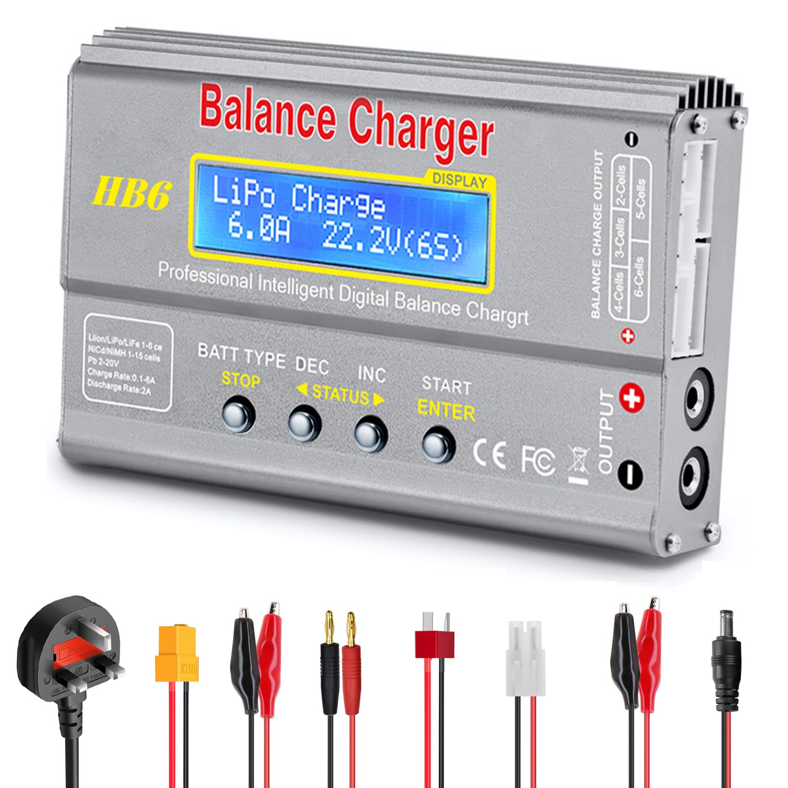 Cargador LiPo Haisito HB6, Cargador/Descargador de batería RC con Equilibrador para LiPo Lilon Life NiMH NiCD PB, 80W 6A con Adaptador AC/DC, Compatible con Tamiya / XT60 / Deans/JST/Futaba