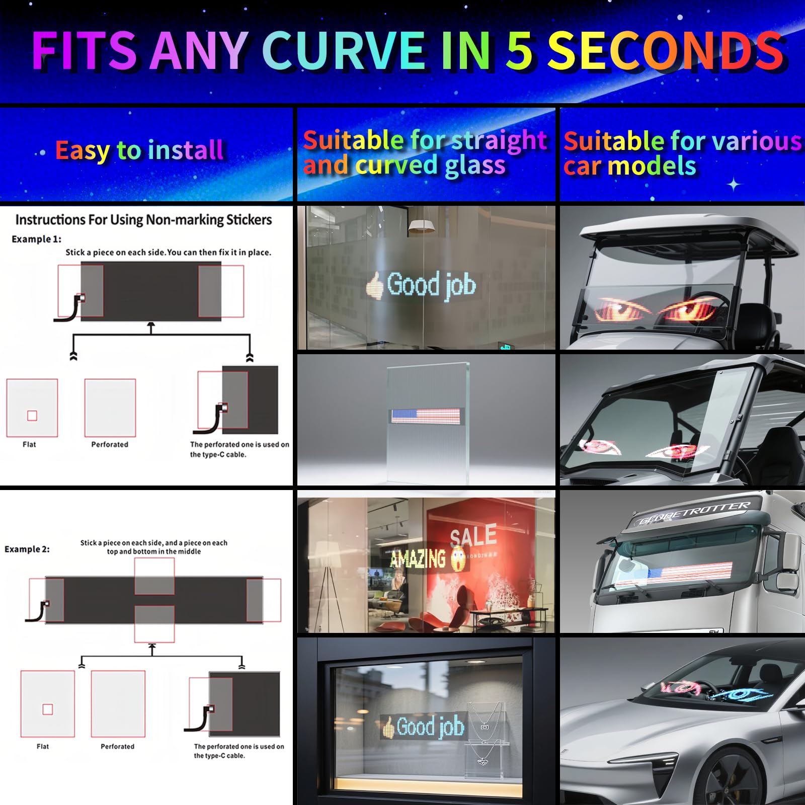 LED-Matrix-Display, flexibles Panel, Teufelsaugen-Licht für Auto-Windschutzscheibe, programmierbares LED-scrollendes Werbeschild mit Fernbedienung+APP+Sprachsteuerung, DIY-Muster-Animation (B3:595