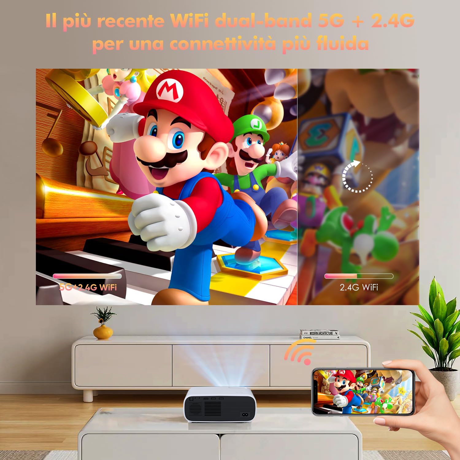 2025 Nuovo Mini Proiettore, Proiettore Bluetooth 18000 Lumen, Supporto 4K, Proiettore portatile Home Cinema LCD WiFi 5G, Compatibile con iOS/Android/Laptop/HDMI/PC/TV Stick/USB