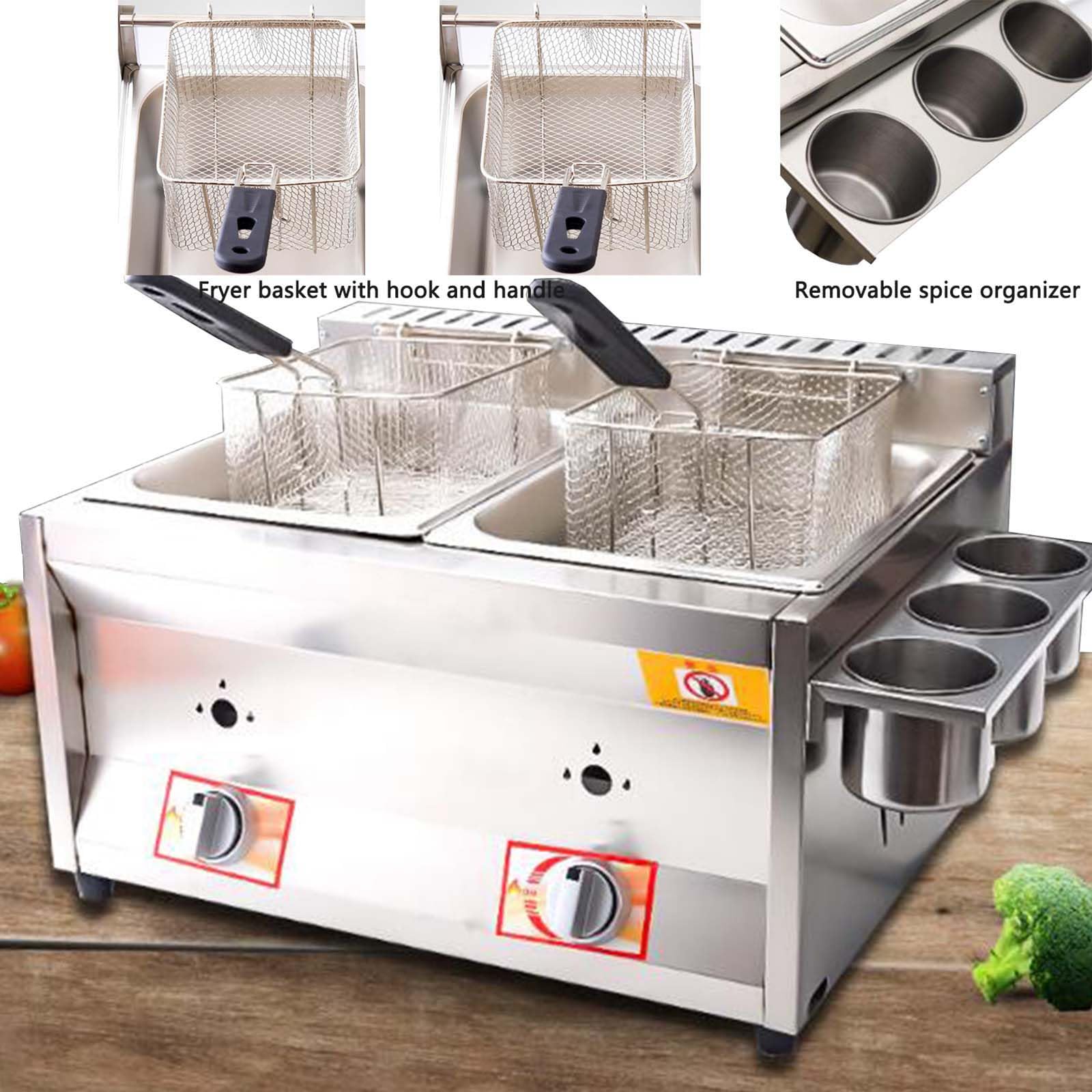 Friggitrice Professionale A Gas In Acciaio Inox Con Doppia Vasca E Coperchio, Capacità 2X10L, Indipendente Con Manopola Di Controllo Della Temperatura Per Patatine Fritte, Patatine Fritte, Snack Di C