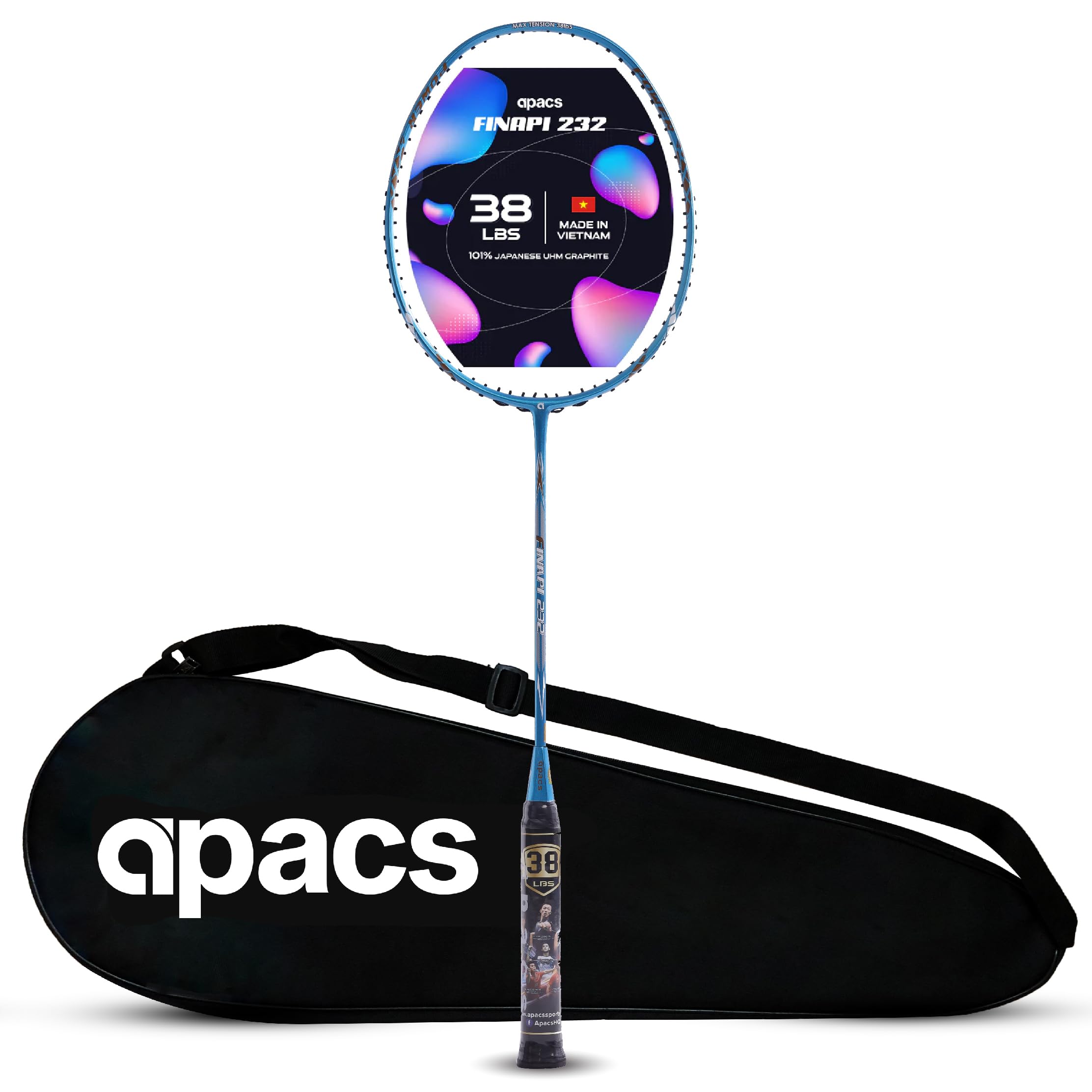 Finapi 232 (Unstrung, 38 LBS Max Tension) Made in Vietnam | 100% Japanese Graphite | High Modulus | High Power Badminton Racket with Free Full Cover | G1-4 1/4 inches