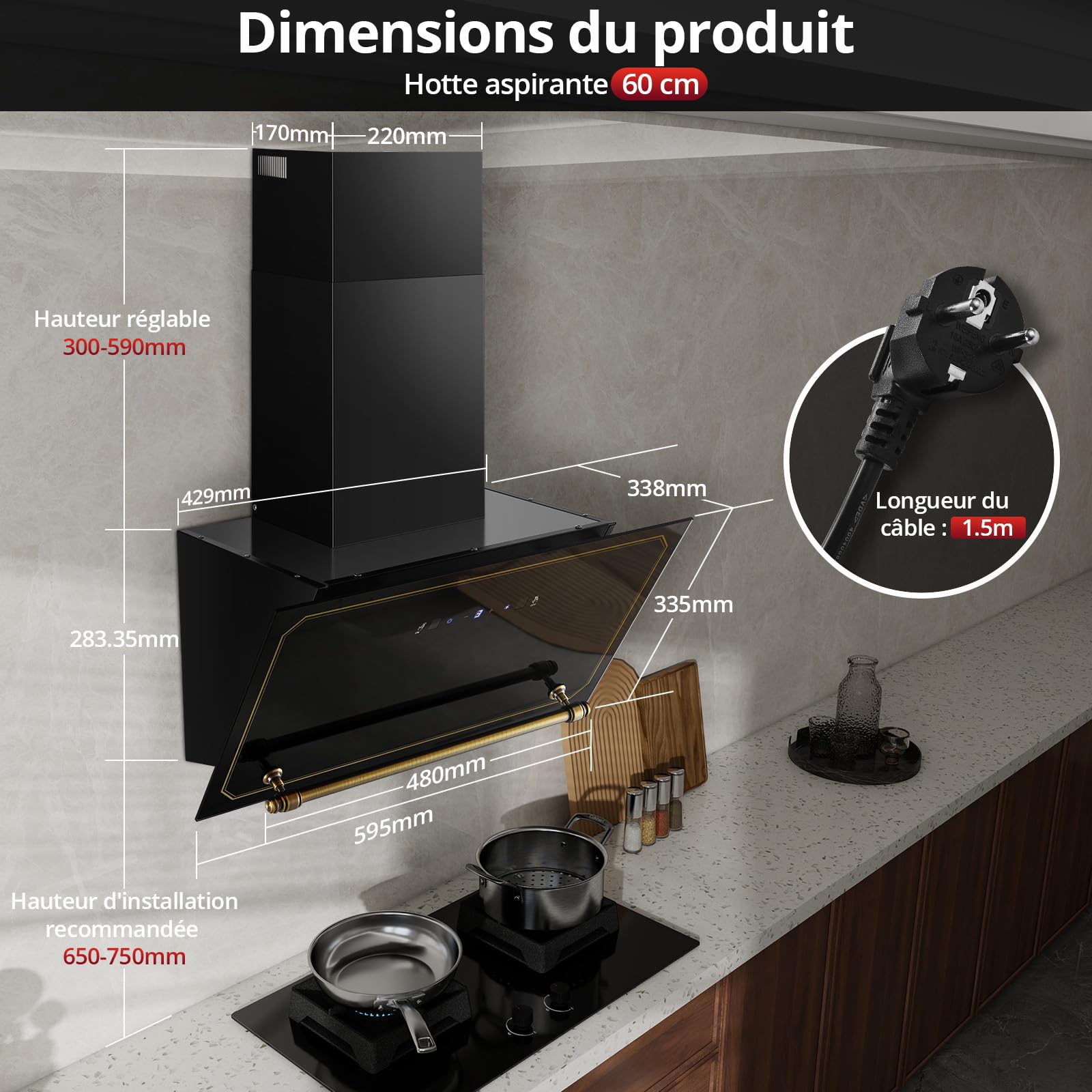 SNDOAS Hotte Aspirante 60 cm, A+++ Hotte Cuisine Silencieuse Inclinée, 450 m³/h, 3 Vitesses + Boost, Évacuation/Recyclage, Filtres à Charbon Inclus, Commandes Tactiles & Gestuelles, Noir/Or