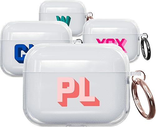 Funda para AirPods con monograma de sombra transparente personalizada con llavero de color plateado, funda personalizada para AirPods con iniciales,