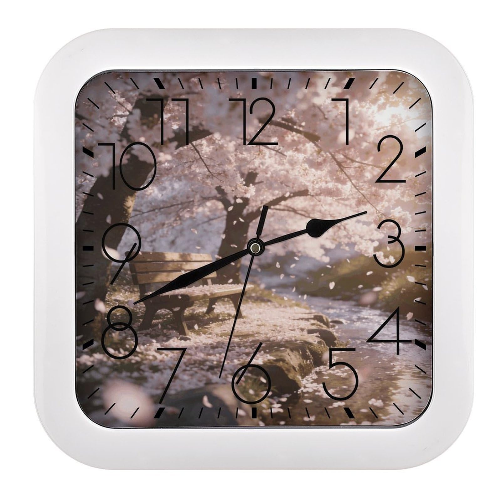 Fodpand Style Sakura Wall Clock,Battery Operated Modern Retro Rounded Square Clock Clock For Bedroom Living Room Office Home Gym Porch Decor Indoor Outdoor 10.2 * 10.2In