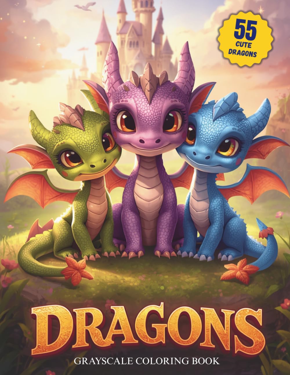 Dragons Grayscale Coloring Book - 55 Cute Dragons | Single-Sided Pages | Large 8.5 x 11 inch format for comfortable coloring (Dragons and Castles Grayscale Coloring Book)