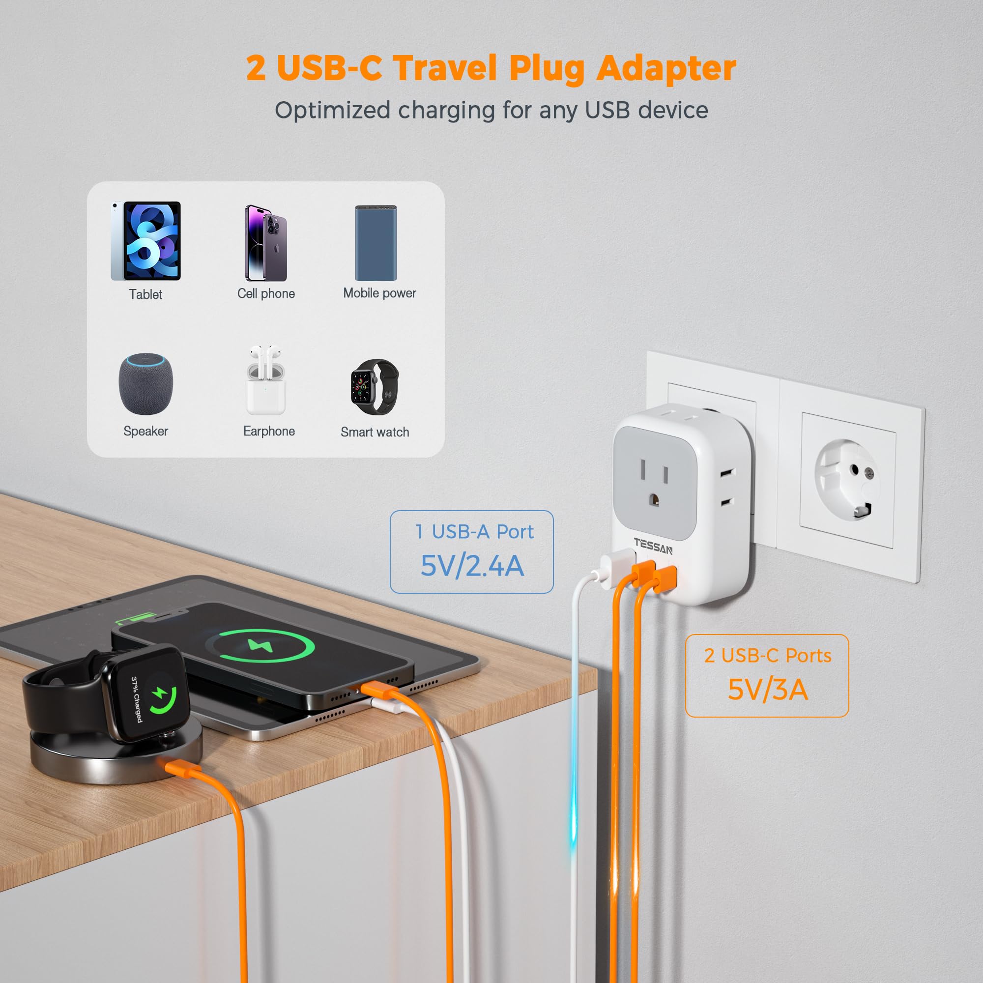 European Travel Plug Adapter 2 Pack, TESSAN US to Europe Plug Adapter to Italy Spain France Portugal Iceland Germany image 4
