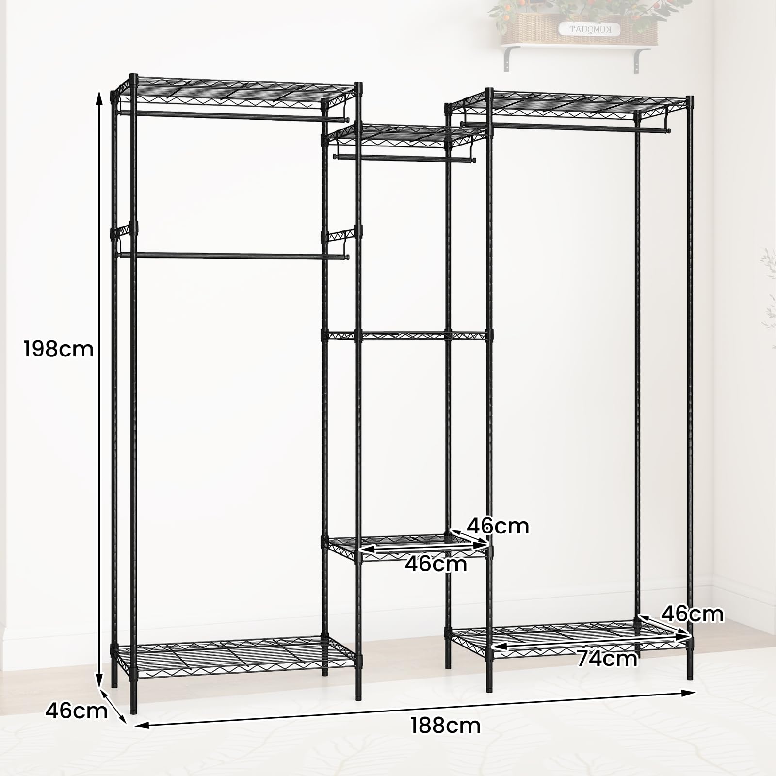 COSTWAY Armario Ropa Metálico, 7 Estantes Ajustables y 4 Barras para Colgar, Perchero Burro Ropa, Convertible con Instalación en L y Horizontal, 188 x 46 x 198 cm, Carga 530 kg (Negro)