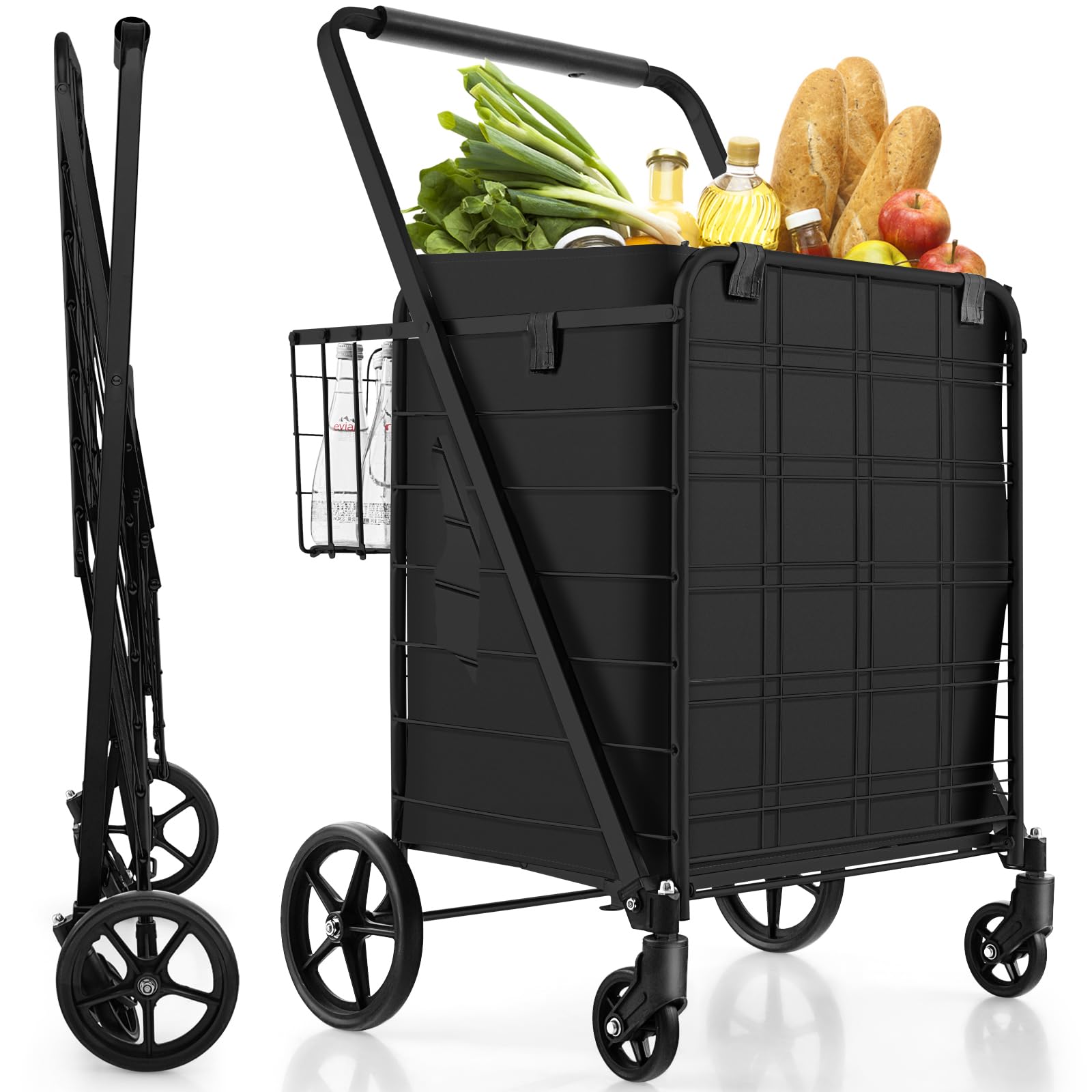 GYMAX Carrello Porta Spesa, Carico 100 kg, 100+22 L, 4 Ruote (2 Ruote Universali), Trolley Pieghevole, in Metallo, 64 x 66 x 103 cm (Nero con Borsa)