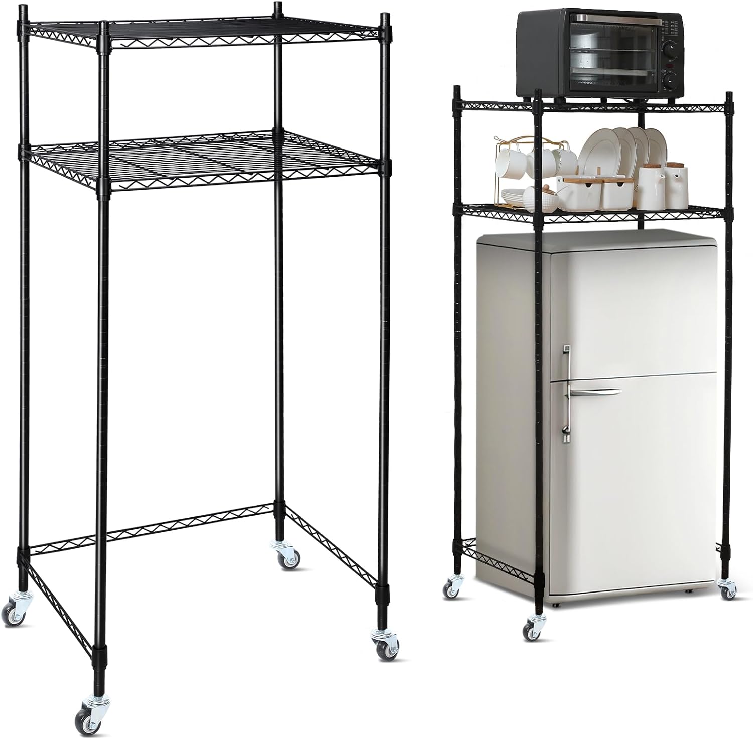 Tandefio 2 Tier Mini Fridge Stand with Storage for Dorm Microwave Stand Over Mini Fridge Storage Shelf with Wheels Adjustable Height Organizer for Kitchen College Rooms Pantry(Black)