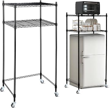 Tandefio 2 Tier Mini Fridge Stand with Storage for Dorm Microwave Stand Over Mini Fridge Storage Shelf with Wheels Adjustable Height Organizer for Kitchen College Rooms Pantry(Black)