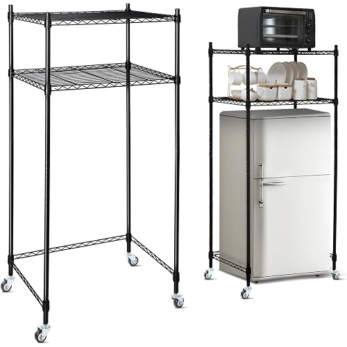 Tandefio 2 Tier Mini Fridge Stand with Storage for Dorm Microwave Stand Over Mini Fridge Storage Shelf with Wheels Adjustable Height Organizer for Kitchen College Rooms Pantry(Black)