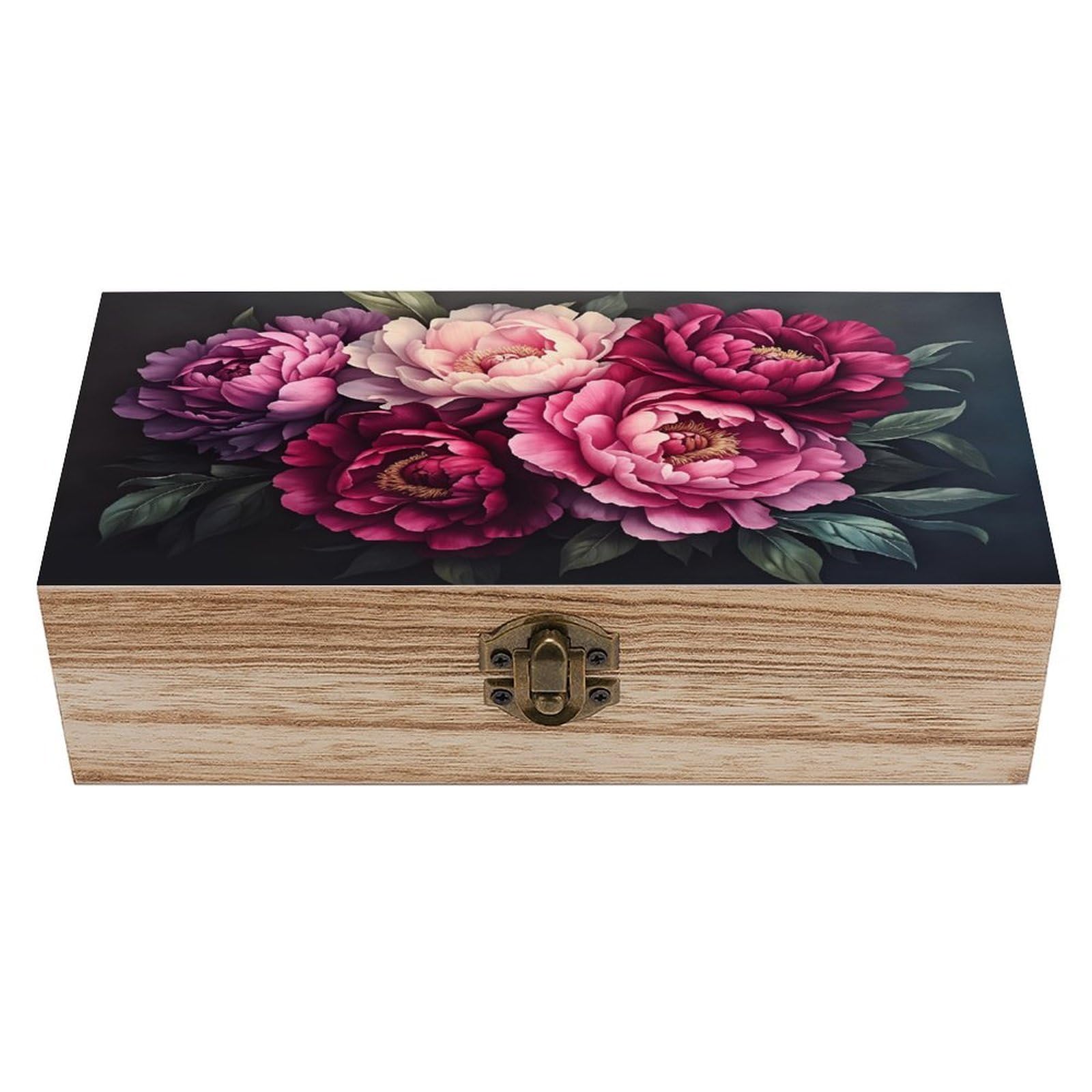 HLBSDM Peony Flower Bouquet Vintage Wooden Keepsake Box with Hinged Lid And Locking Clasp, Decorative Storage Box for Jewelry, Trinkets And Small Accessories, Organizer for Home Or Wedding