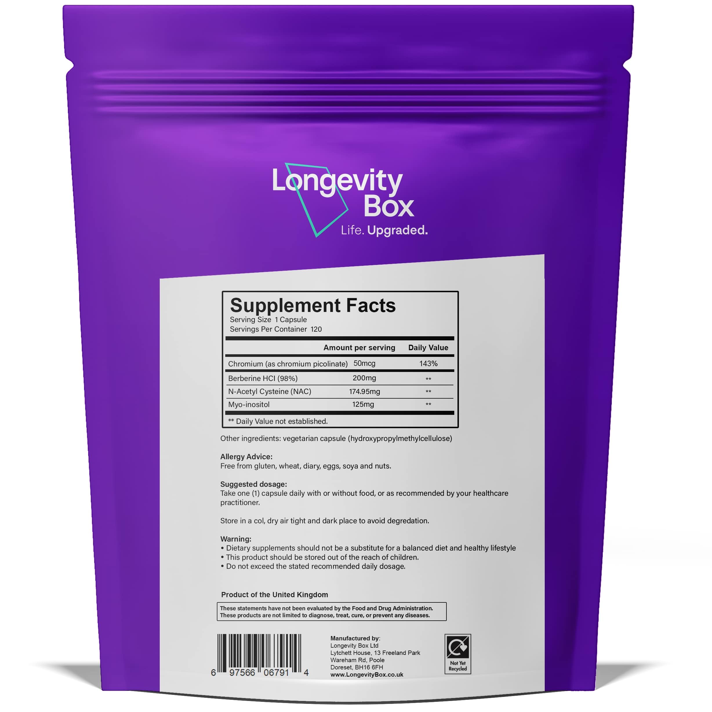 Met4Min – 120 cápsulas – fórmula para glucosa/insulina con berberina, cromo, NAC & mio-inositol