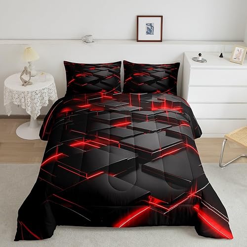 Feelyou Red and Black Duvet Quilt Twin Size Geometric Bedding Set for Boys