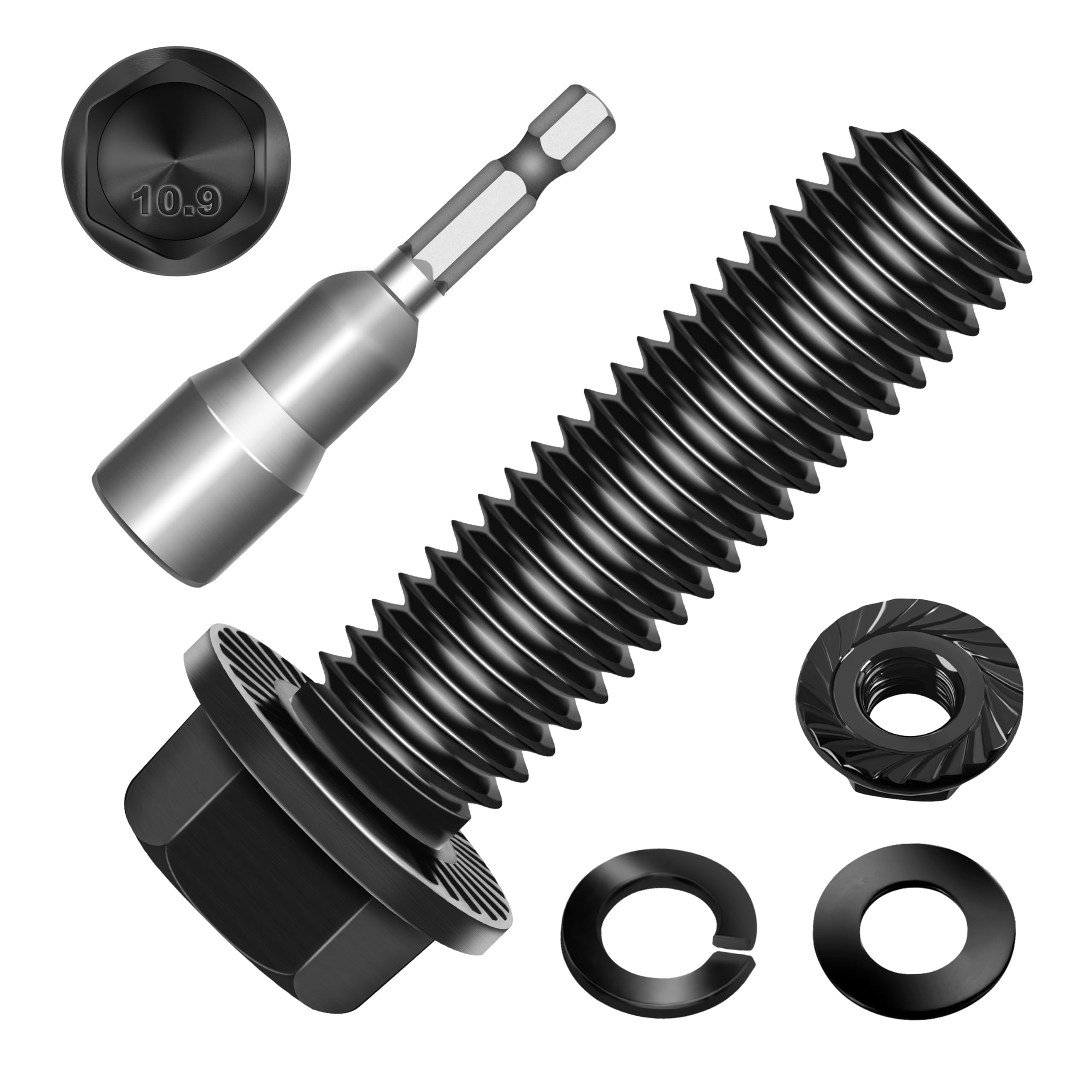 Marysino (10Sets) M10 Bolt x 35mm Flanged Hex Head Bolts, External Flange Hex Drive M8 Screws, Class 10.9 Black Zinc Plated Alloy Steel Metric M10x1.5