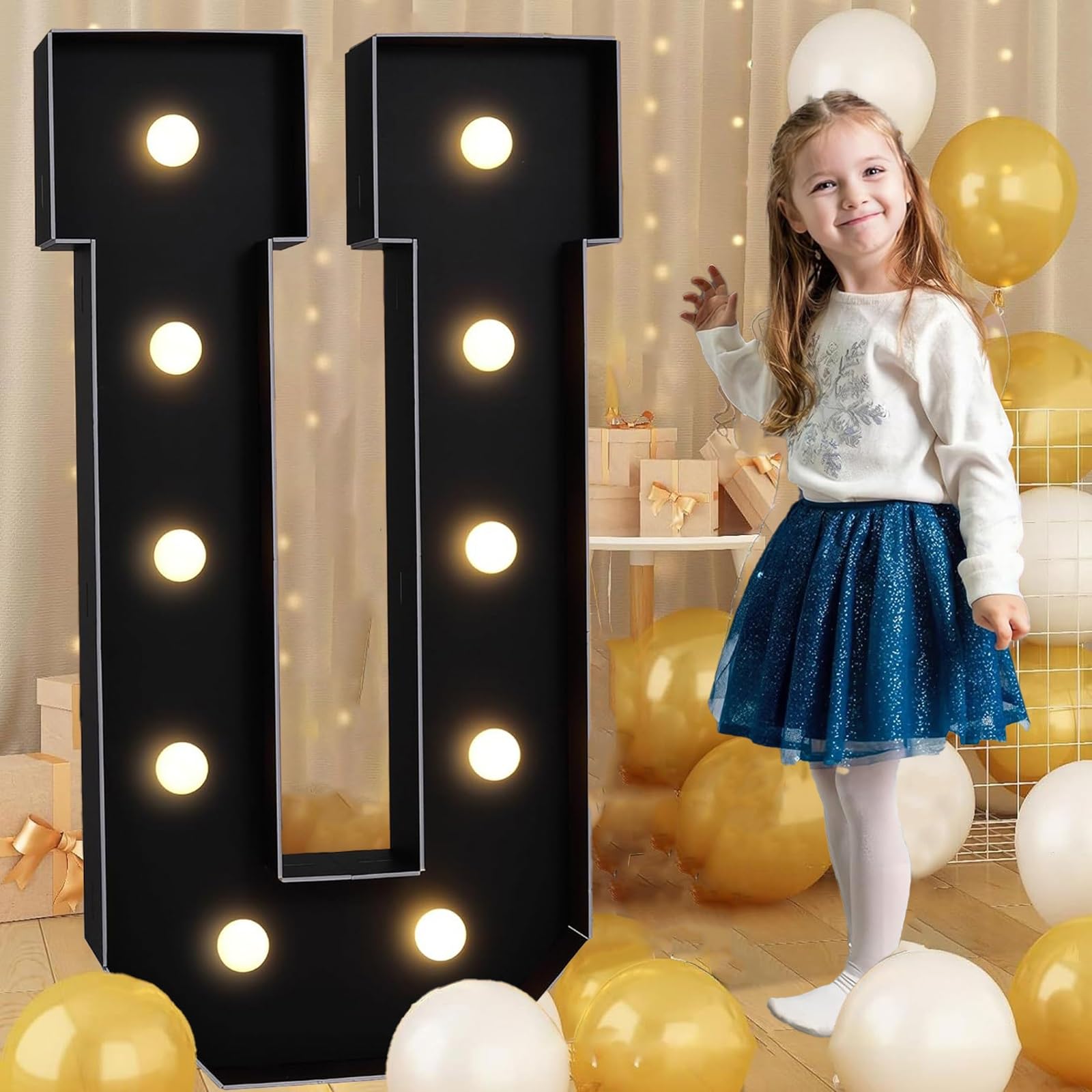 Tashace Marquee Numbers Light Up Letters Black Party Decoration for 1st 16th 18th 21st Birthday Anniversary Backdrop Cardboard Sign Mosaic Balloon Frame(Letter U,120cm/4FT)