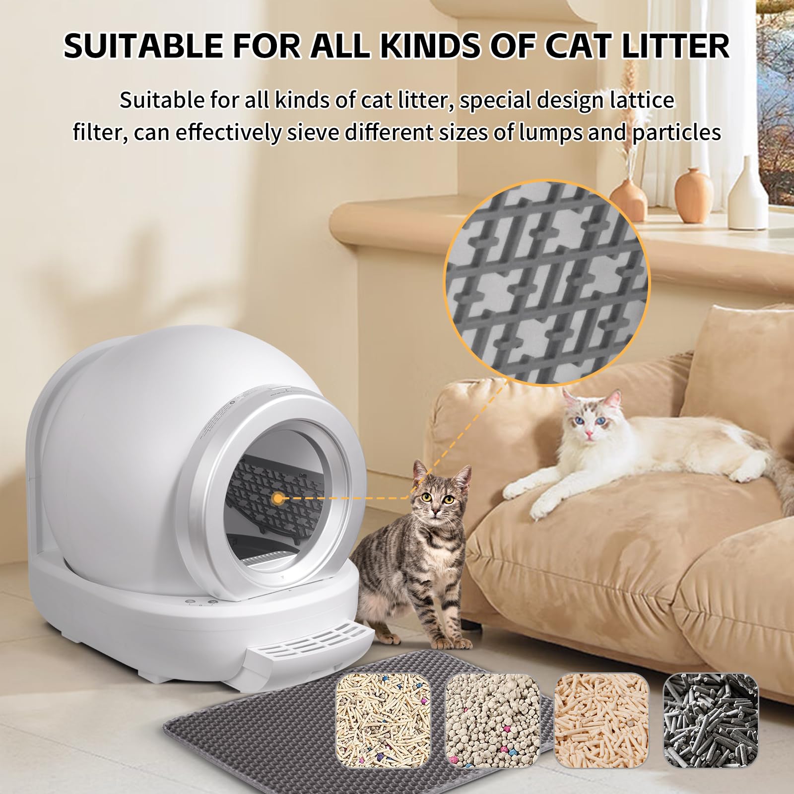 Katzenstreu, selbstreinigend, 65 l, automatische Katzentoilette, intelligenter Alarm, Gesundheitsmonitor, geruchshemmendes Katzenstreu, für mehrere Katzen