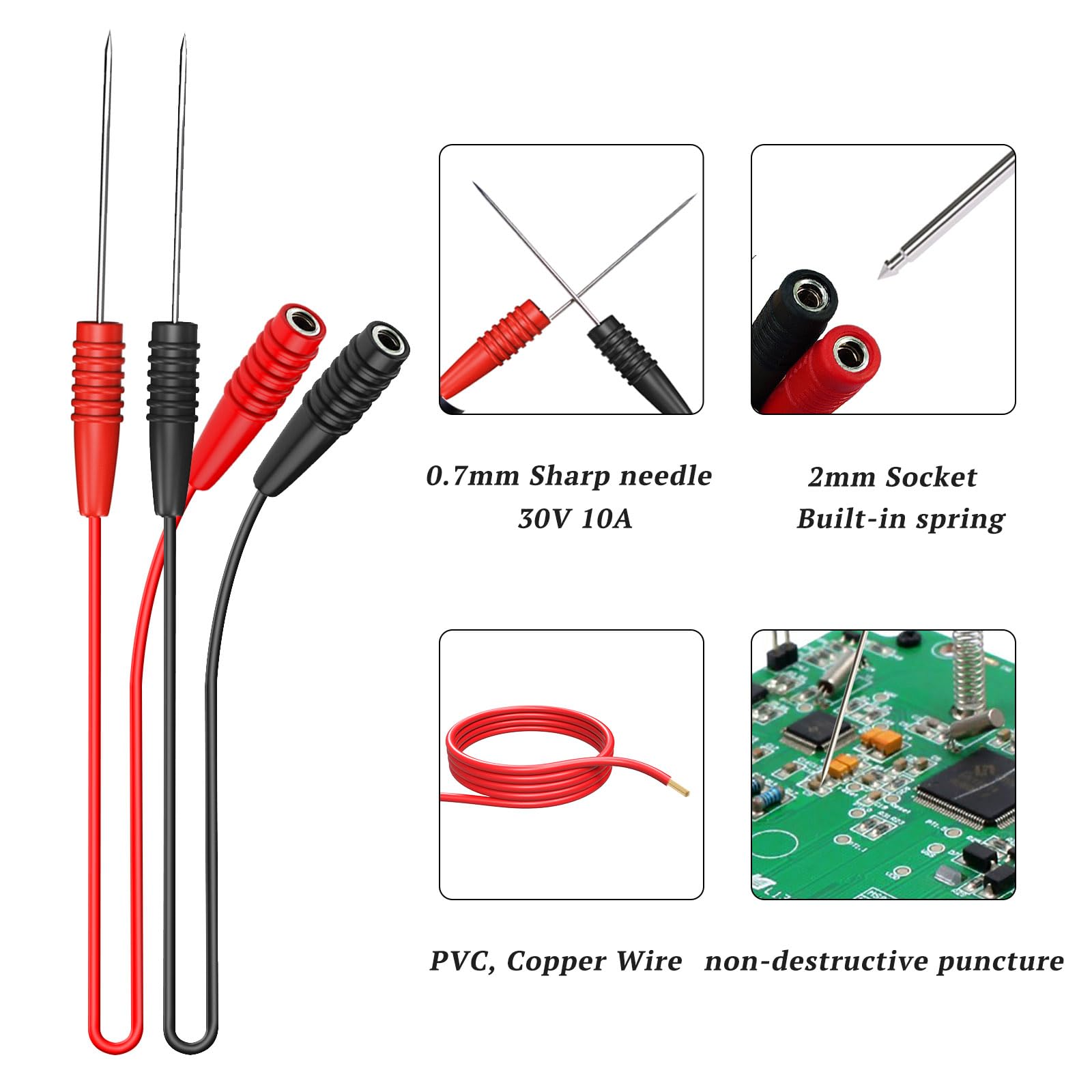 2 cavi di misurazione sonde di prova, presa da 2 mm a sonda di prova in acciaio inox, 20 cm per multimetro test elettrico (rosso e nero)