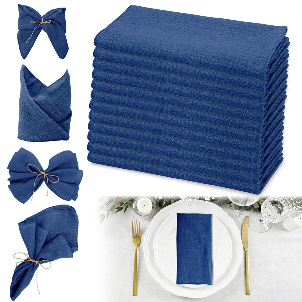 Servilletas de tela de algodón lavables, juego de 12 unidades de muselina azul de 43 x 43 cm