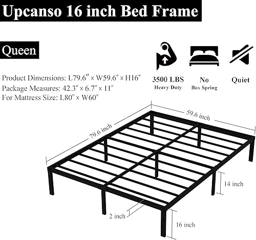 Miniatura 3 de Upcanso Base de cama Queen de 14 pulgadas no requiere somier plataforma de metal tamaño Queen con almacenamiento de 12 pulgadas soporte de listones