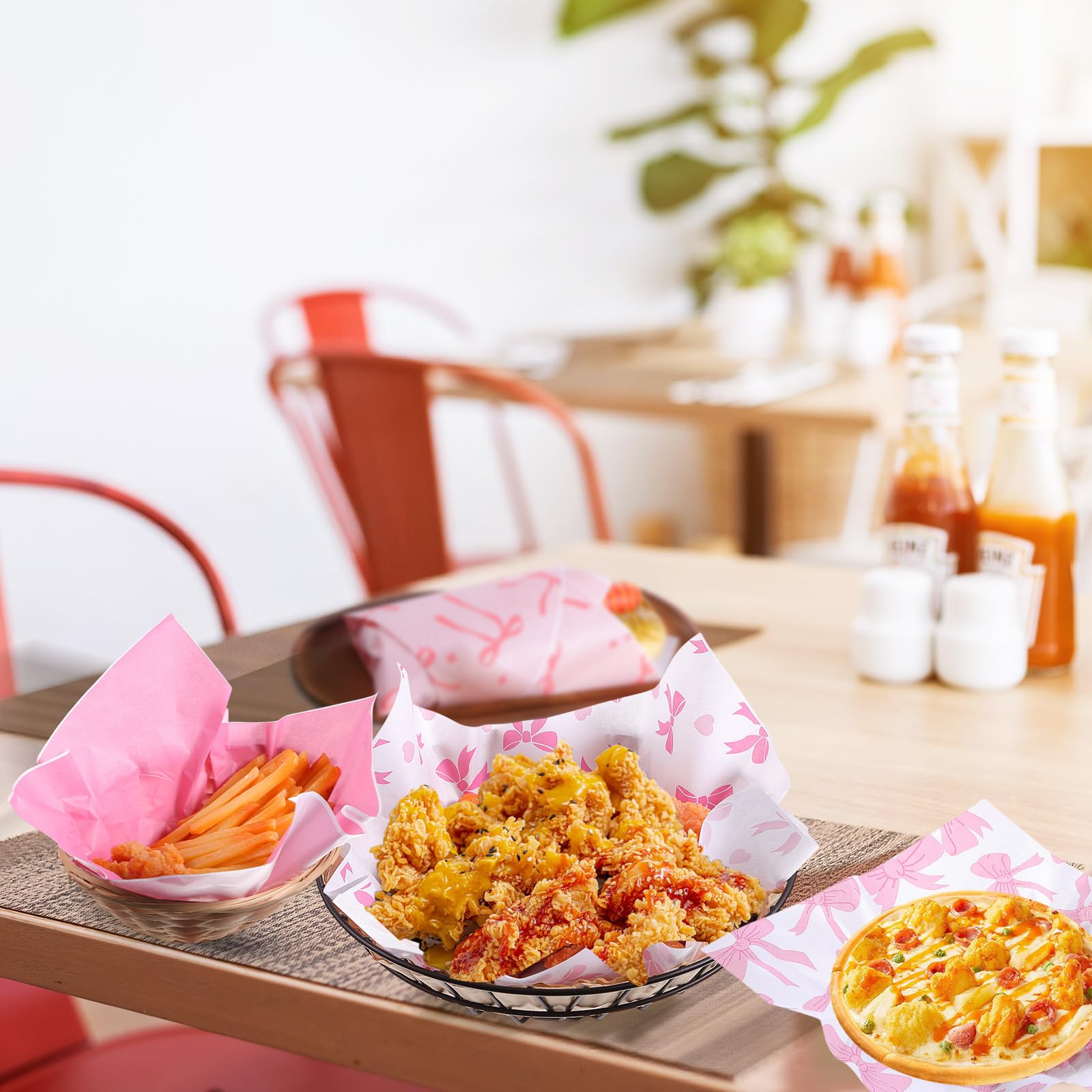Havawish Trockene gewachste Deli-Papierbögen, 30,5 x 30,5 cm, bunt, Deli-Wrap, Wachspapiereinlagen für Kunststoff-Lebensmittelkorb, zum Verpacken von Brot und Sandwiches (Rosa, Weiß, Schleife)