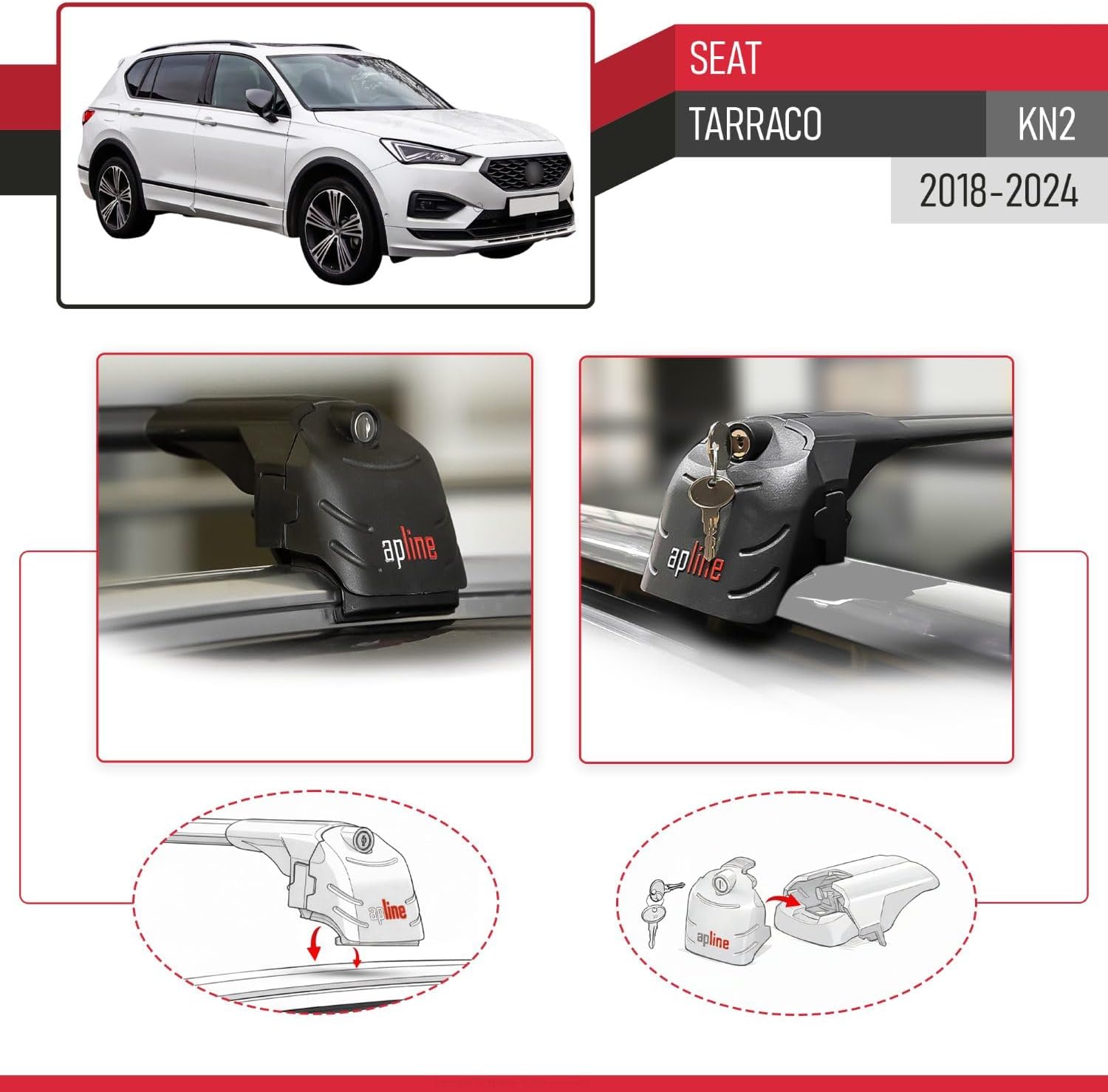 Compatible with Seat Tarraco (KN2) 2018-2024 ACE-2 Type Car Roof Rack Cross Bar Black Aluminium Bars