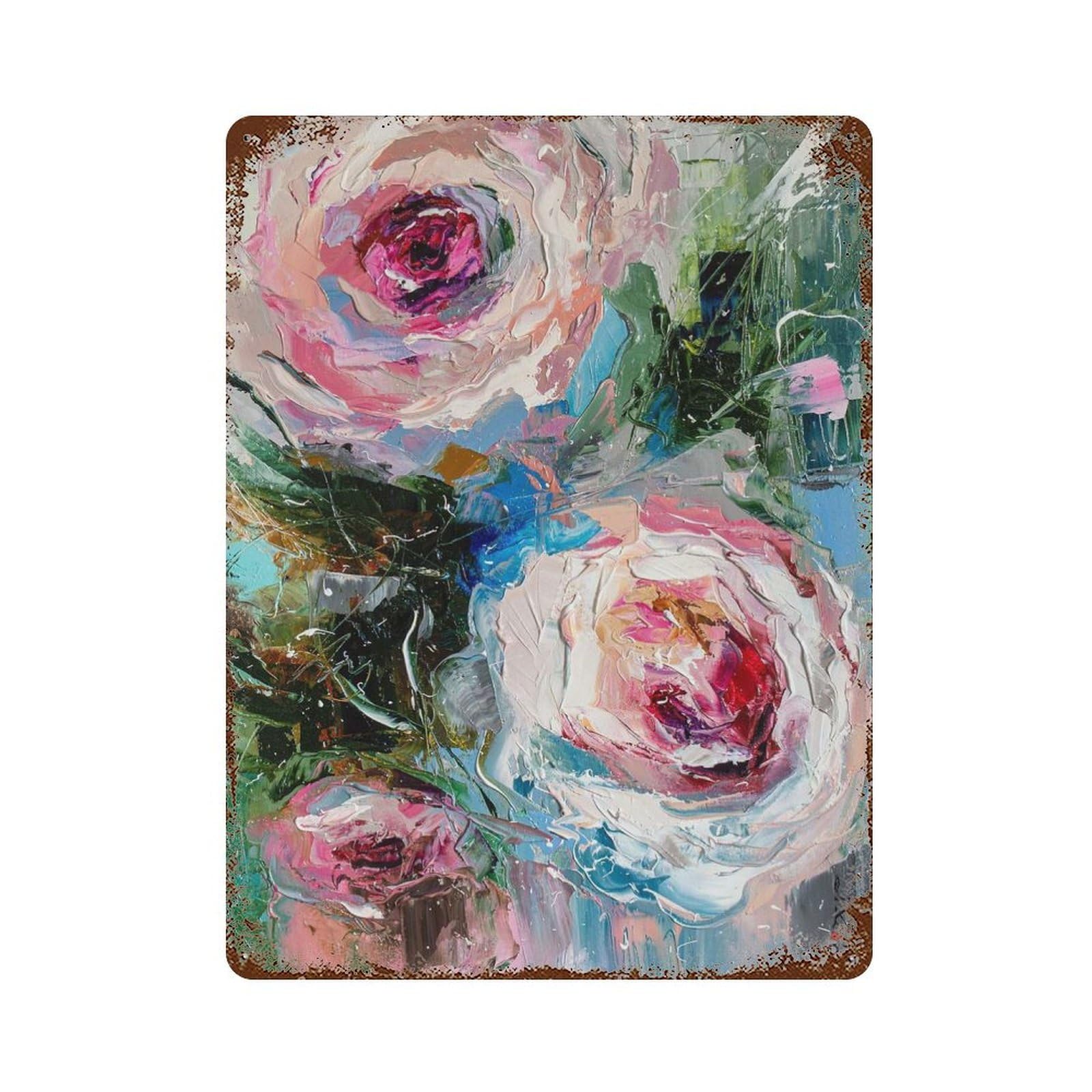 Gentle Roses 15.7"x11.8" Distressed Metal Wall Sign, Shabby Chic Decor for Shed, Workshop And Garage Wall Decor