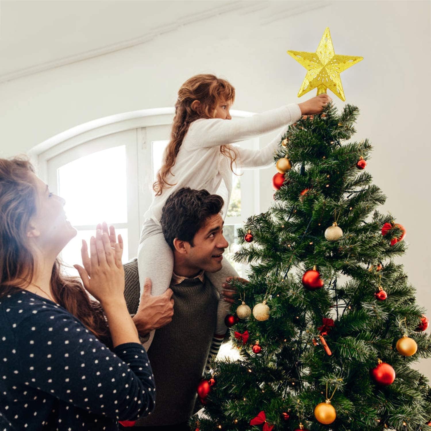 Christmas Tree Topper Star Lighted with Bulit-in LED Projector, Star and Snowflake Rotating Lights Effect, 3D Hollow Golden Glitter Xmas Tree Topper Plug-in Powered, Star for Christmas Tree Decor