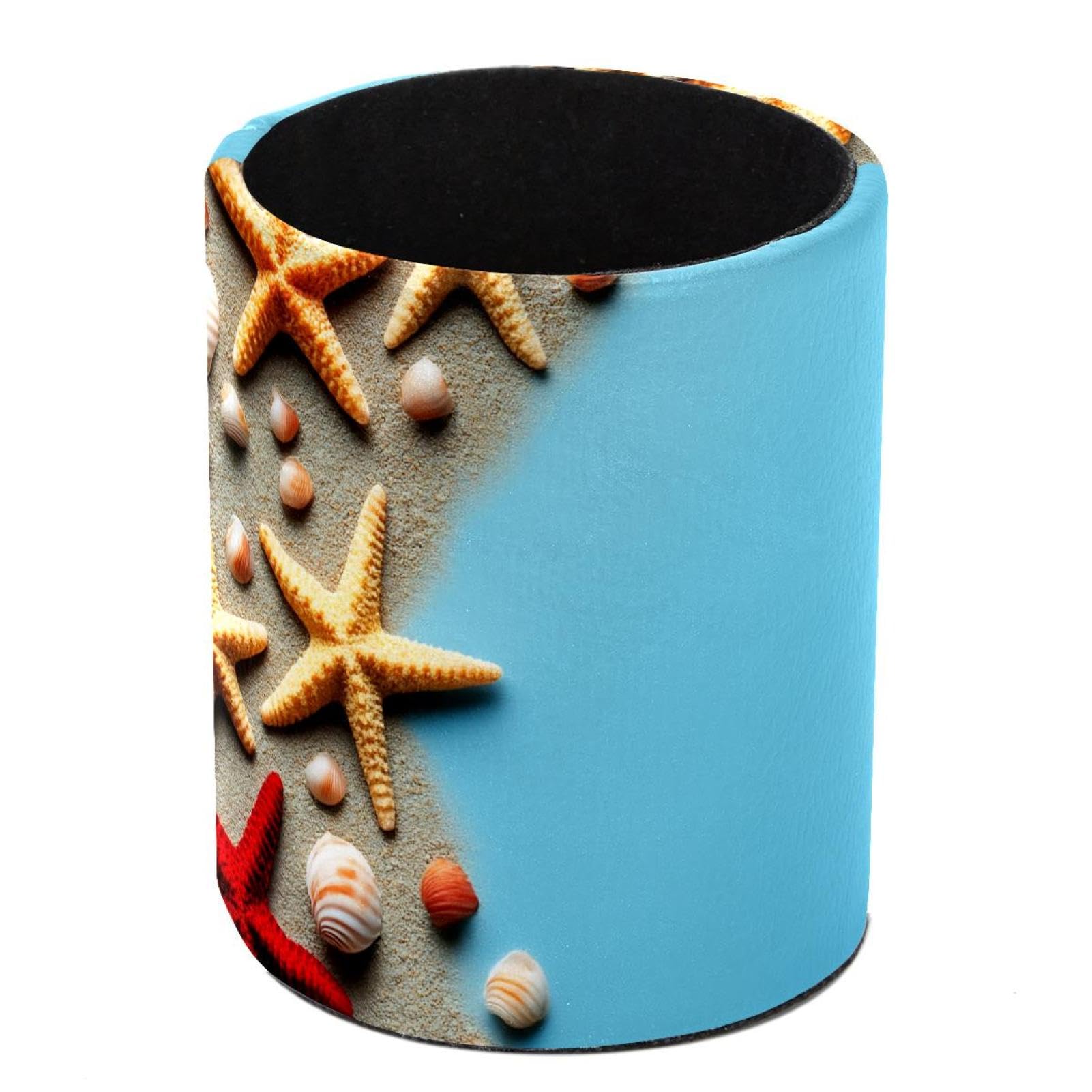 HEOEH Starfish Seashells Pen Holder for Desk, PU Leather Pencil Holder Pen Cup Marker Holder Makeup Brush Holders, Desk Accessories & Workspace Organizers for Home, Office