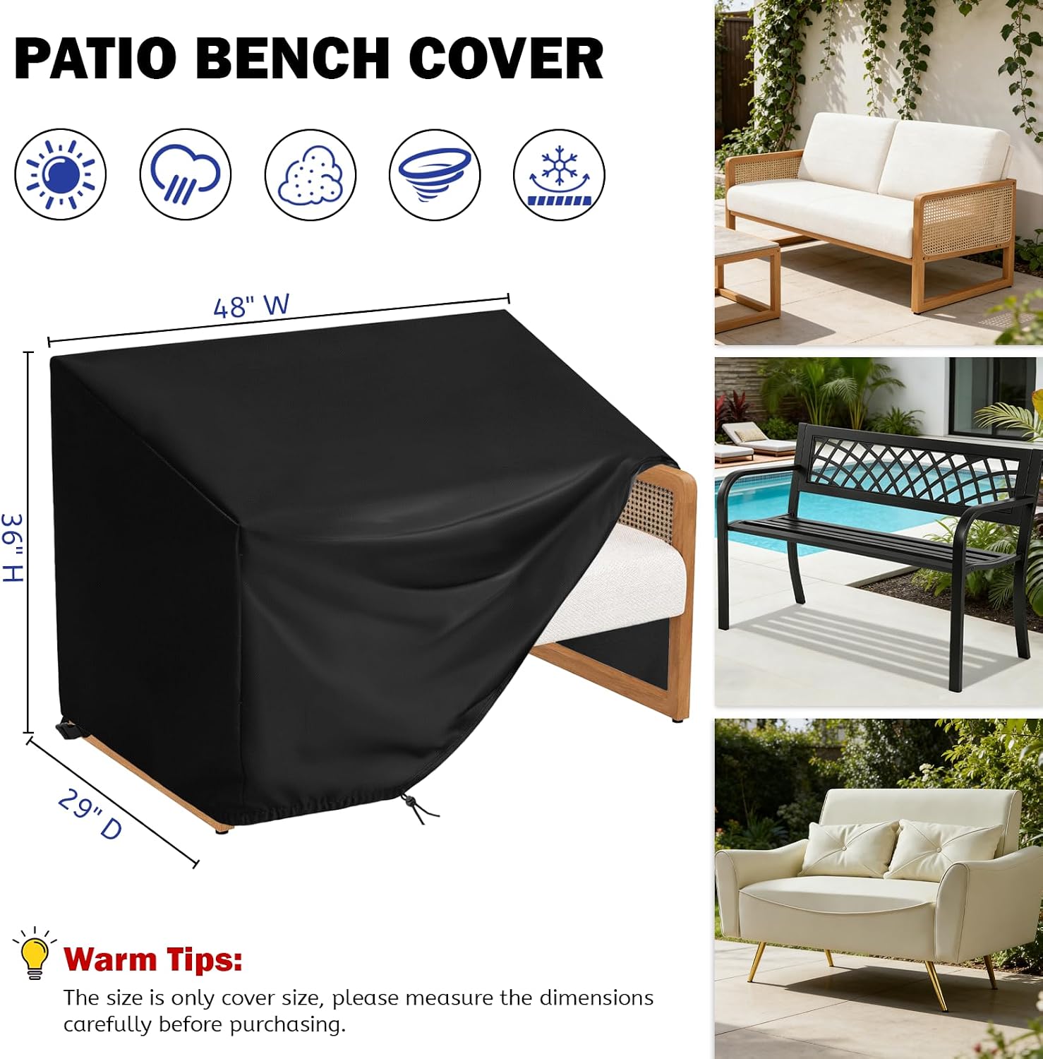 Outdoor Bench Covers, Waterproof Patio Sofa Cover Heavy Duty Outdoor 2-Seater Loveseat Cover for Outside Park Loveseat, Sofa, Glider Bench & Garden Furniture, 48" W x 29" D x 36" H Black