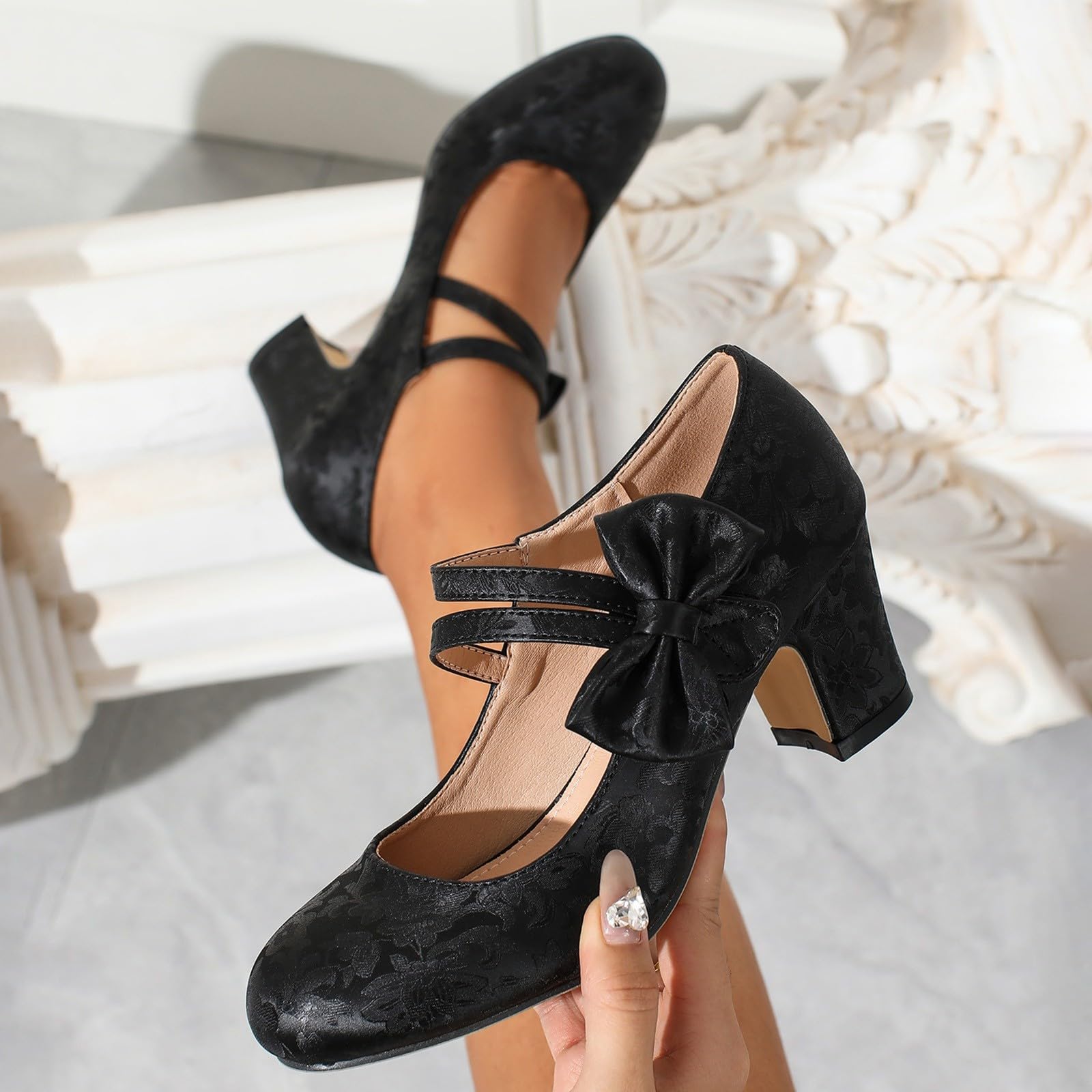 Mary Jane Escarpins Chaussures de mariage rétro pour femme Talons Bowknot Chaussures à talons pour fête de la bière Dirndl Chaussures de travail élégantes Sangle de cheville Chaussures de danse Talon