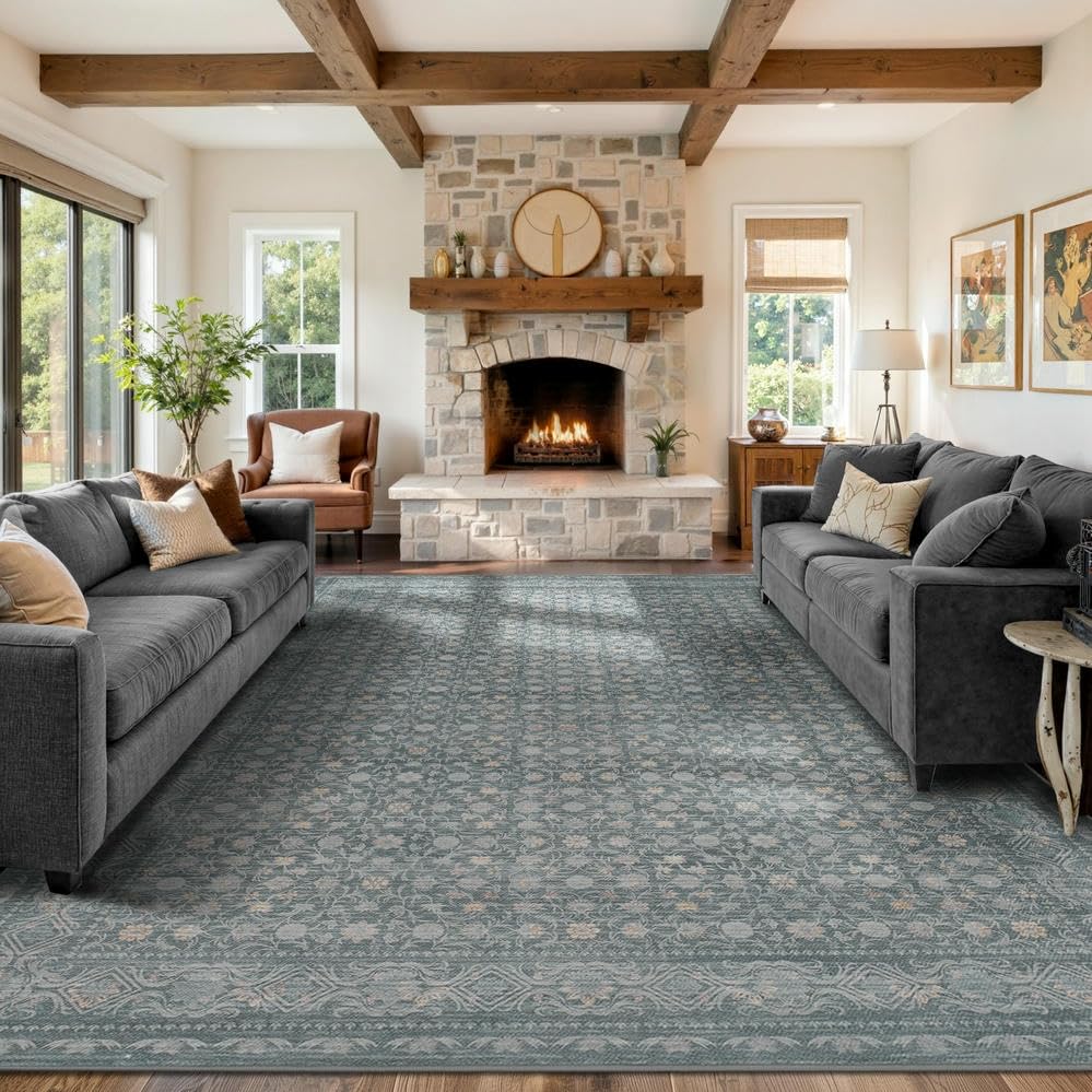 9x12 Washable Area Rug for Living Room, Extra Large Vintage Boho Rugs for Dining Room, Kids Room, Farmhouse, Durable Low Pile Non Slip Carpet for High
