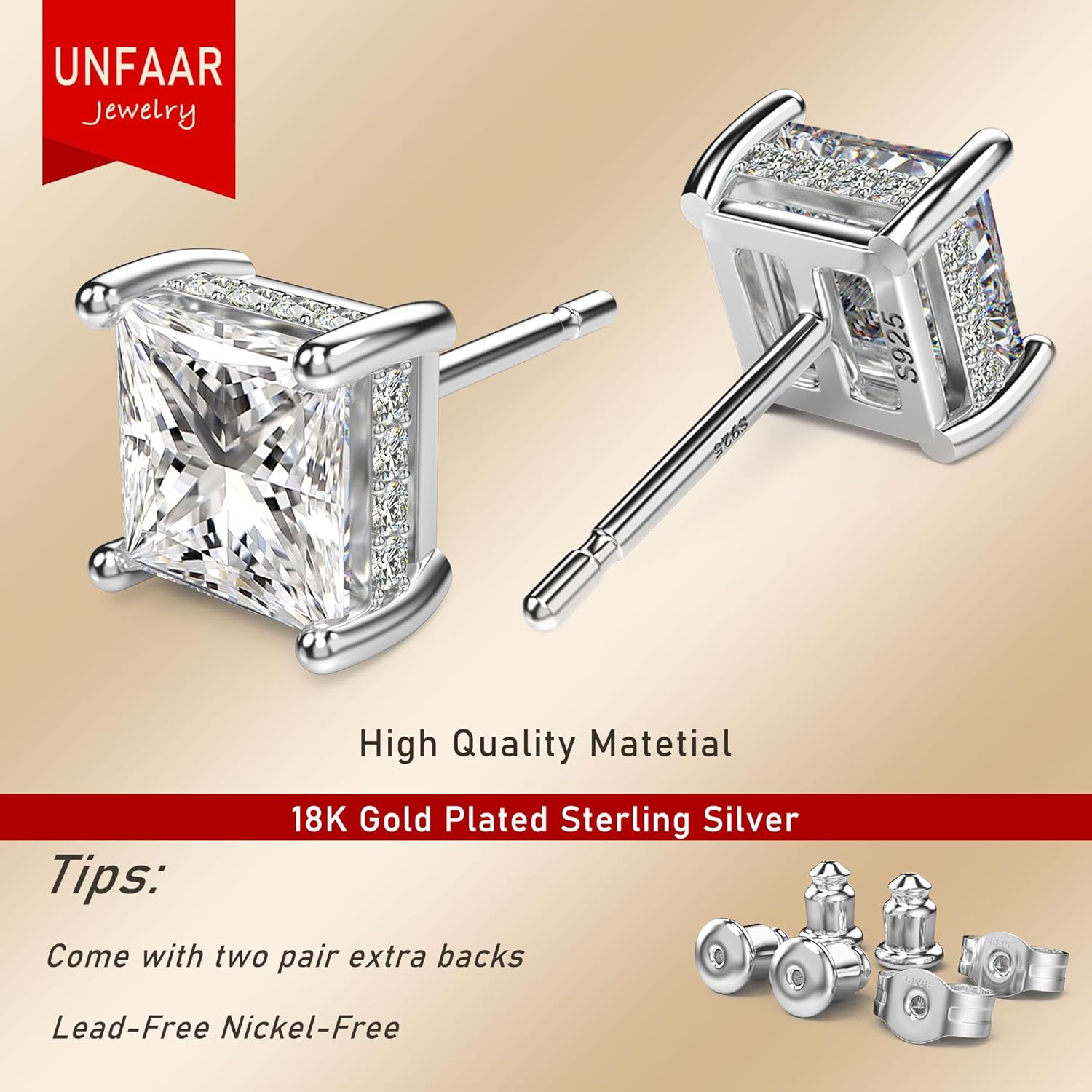 18K White Gold Plated Sterling Silver Princess Cut Cubic Zirconia Stud Earrings Square CZ Diamond Stud Earrings for Women Men Hypoallergenic