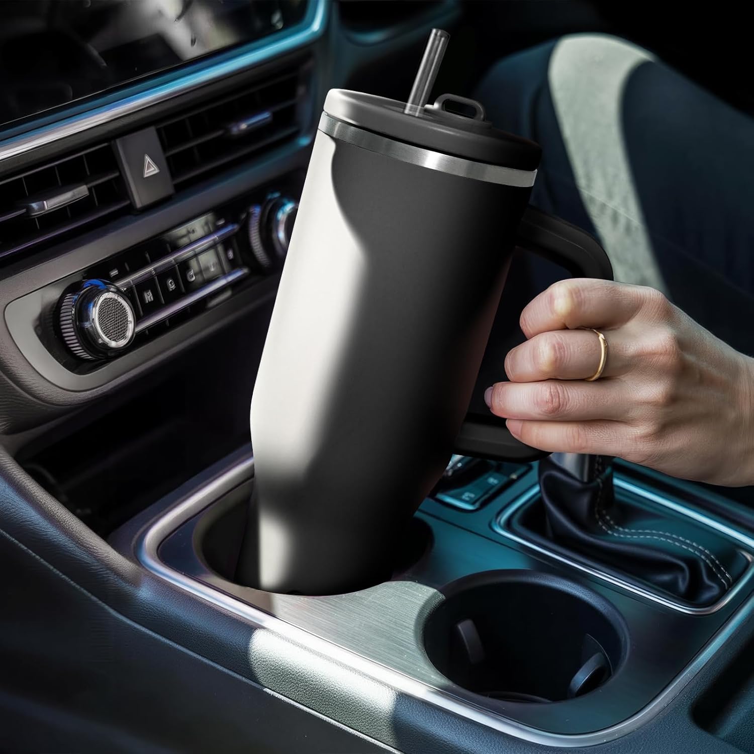 34HD 40 oz Stainless Steel Tumbler - Leakproof Insulated Water Bottle with Handle, Magnetic Lid and Flexible Straw - Iced for 48 Hours – Perfect for Men, Women, Birthday Gift, Black - Midnight Onyx - Image 4