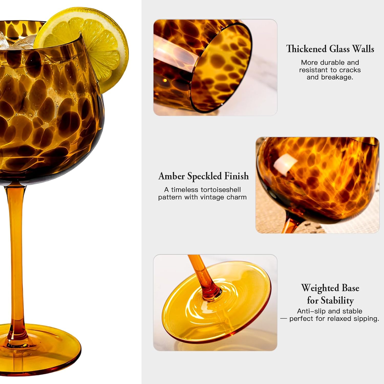 Tortoise Shell Wine Glasses Set of 4, Brown Wine Glasses, Tortoiseshell Decorative Tumbler Cups for Wine & Drinks， Stemless Drinking Glasses for Wedding Gifts, Housewarming, Cocktail Party