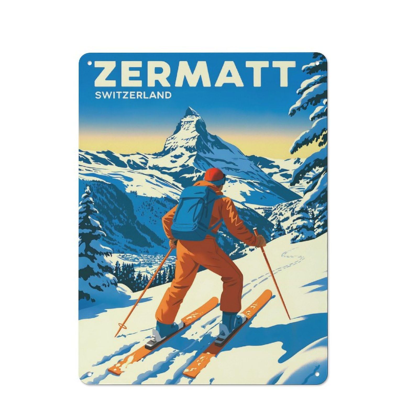 Junmoney Style-23 Tin Wall Plaque 40X30cm With Zermatt Switzerland Skiing Vintage For Hallway Wall, A Decorative Metal Sign For Hallways And Entrance Areas
