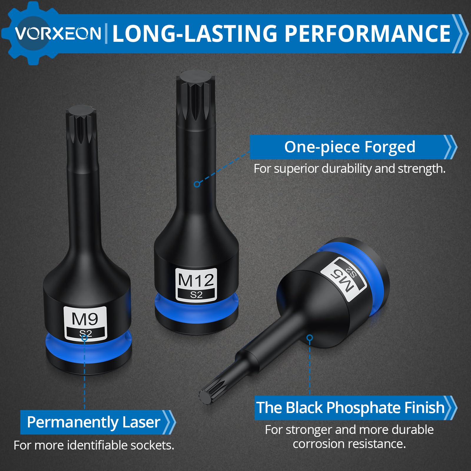 VORXEON 8pc 1/2in Drive Impact Spline Bit Socket Set en S2 Steel Drive Impact Triple Square Spline Bit Socket Set M5 M6 M7 M8 M9 M10 M12 M14 M16 M18 with Storage Case for Electric Pneumatic Wrenches - Image 4