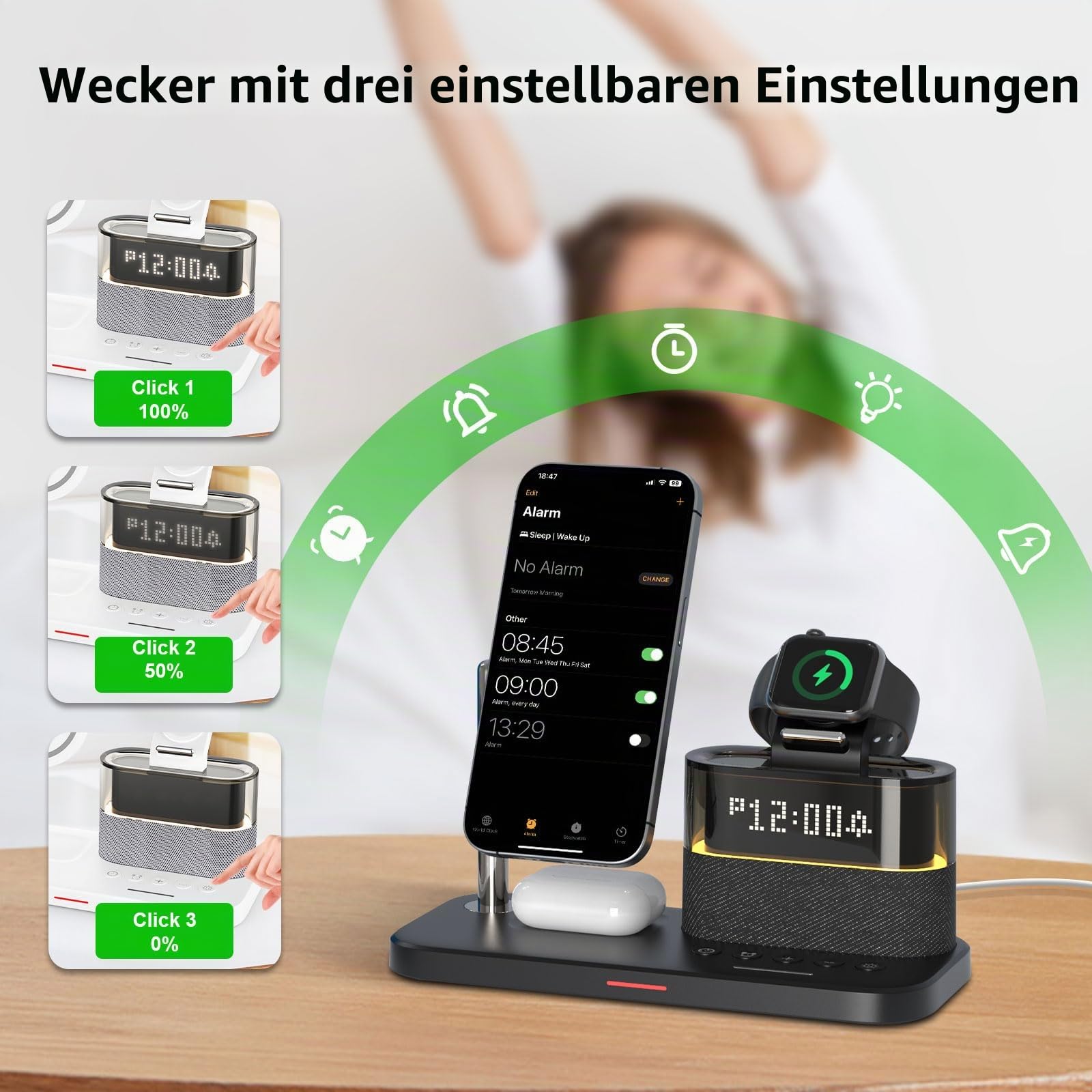 5-in-1-Kabellader mit Wecker, kabellose LadeStation mit Nachttischlampe kompatibel mit iPhone 17 16 15 14 13 12 Pro Max, kompatibel mit Apple Watch und Earbuds, Enthält einen 33W-Adapter Weiß