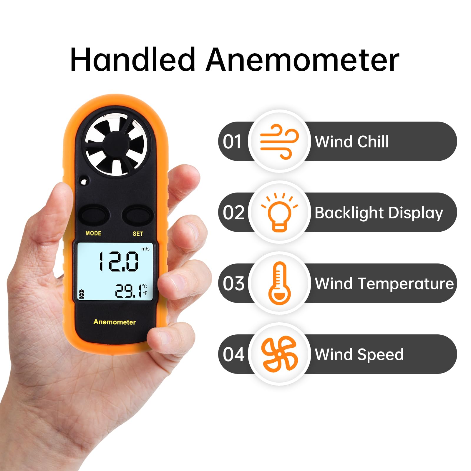 Anémomètre Portable, Anémomètre Numérique Haute Précision, anémomètre à écran LCD pour le vol de cerf-volant/météorologie/pêche avec vitesse de l'air MAX/MIN/AVG, test de température du vent