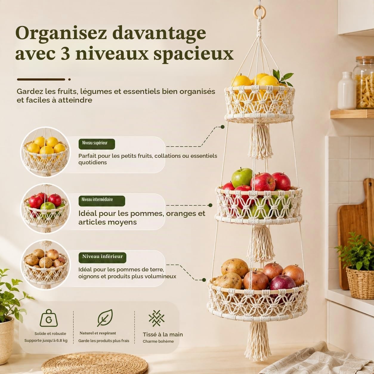 2 Pièces Panier à Fruits Suspendu 3 Niveaux, Ø 20/25/30 cm, Beige | Corbeille à Fruits Suspendue en Corde de Coton, pour Cuisine, Salon, Salle de Bain, Chambre à Coucher, 110 cm