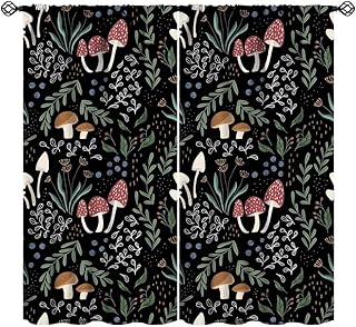 JanJCurt Mushroom Curtains, Cartoon Green Leaves Mushroom Wildflower Plant Botanical Boho Herb Nature Garden Print Blackout Window Drapes for Living Room Kids Bedroom 42x45 Inch