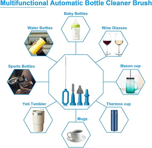 Miniatura 3 de WHNL Juego de cepillos eléctricos para botellas, limpiador de botellas con rotación de 360, cepillo de silicona reemplazable de 3 tamaños, cepillo