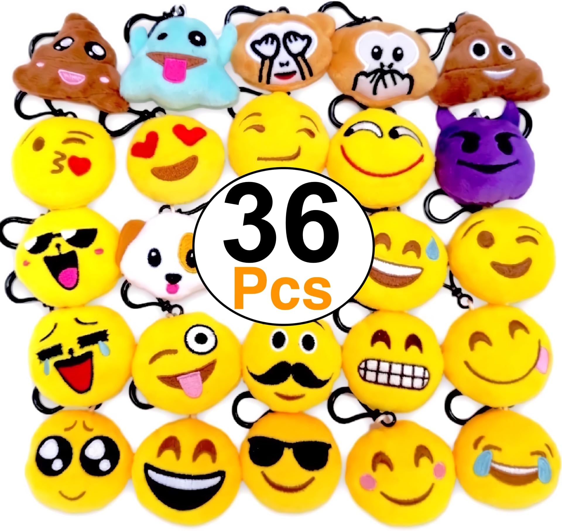 OHill 36 Pack Emoji Plush Pillows Mini Keychain Decorations for Birthday Party, Home Decoration, Wall Decor and Party Favor