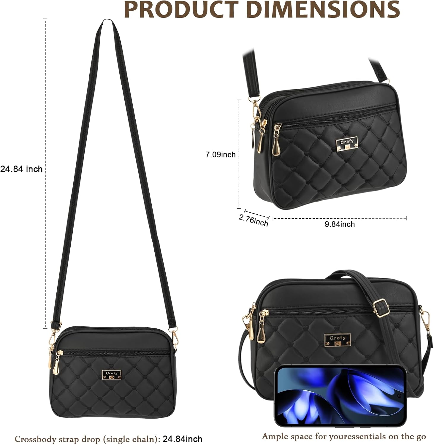 Crofy Four-Zip Crossbody Bag, Diamond Quilted PU - Image 6