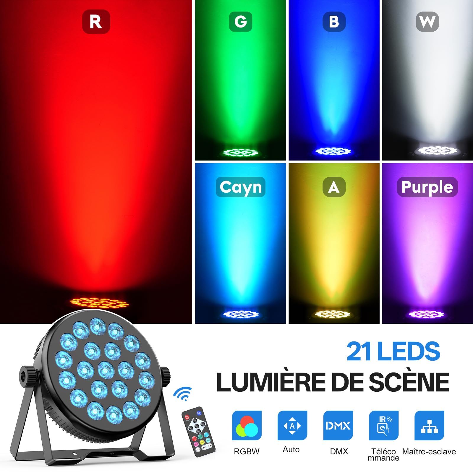 80W Par LED RGBW, 21 LEDs Lumière de Scène avec Télécommande et Son Activé, 5 Modes Jeux de Lumiere, DMX 8CH Éclairage de Scène pour Soiree Bar Mariage Noël Concerts Festivals