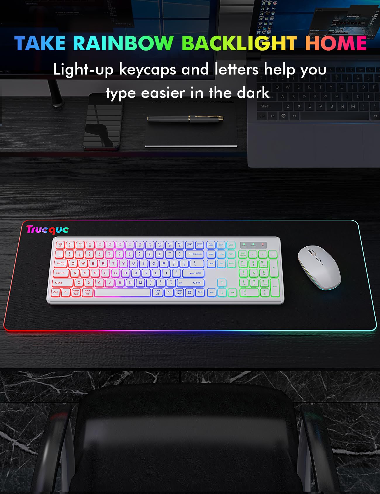 Clavier et souris sans fil – Rétroéclairé RVB, lettres rechargeables et lumineuses, pleine taille, angle d'inclinaison ergonomique, mode veille, clavier silencieux 2,4 GHz pour Mac, Windows,